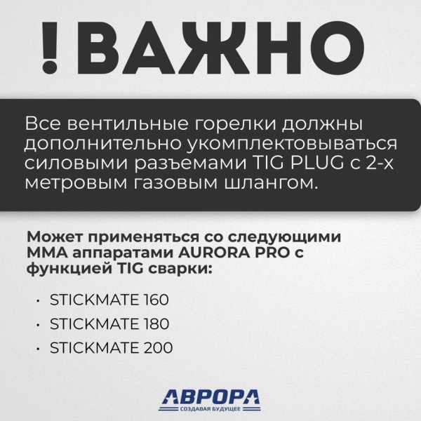 Вентильная горелка Aurora TIG 26V 180A (4м)